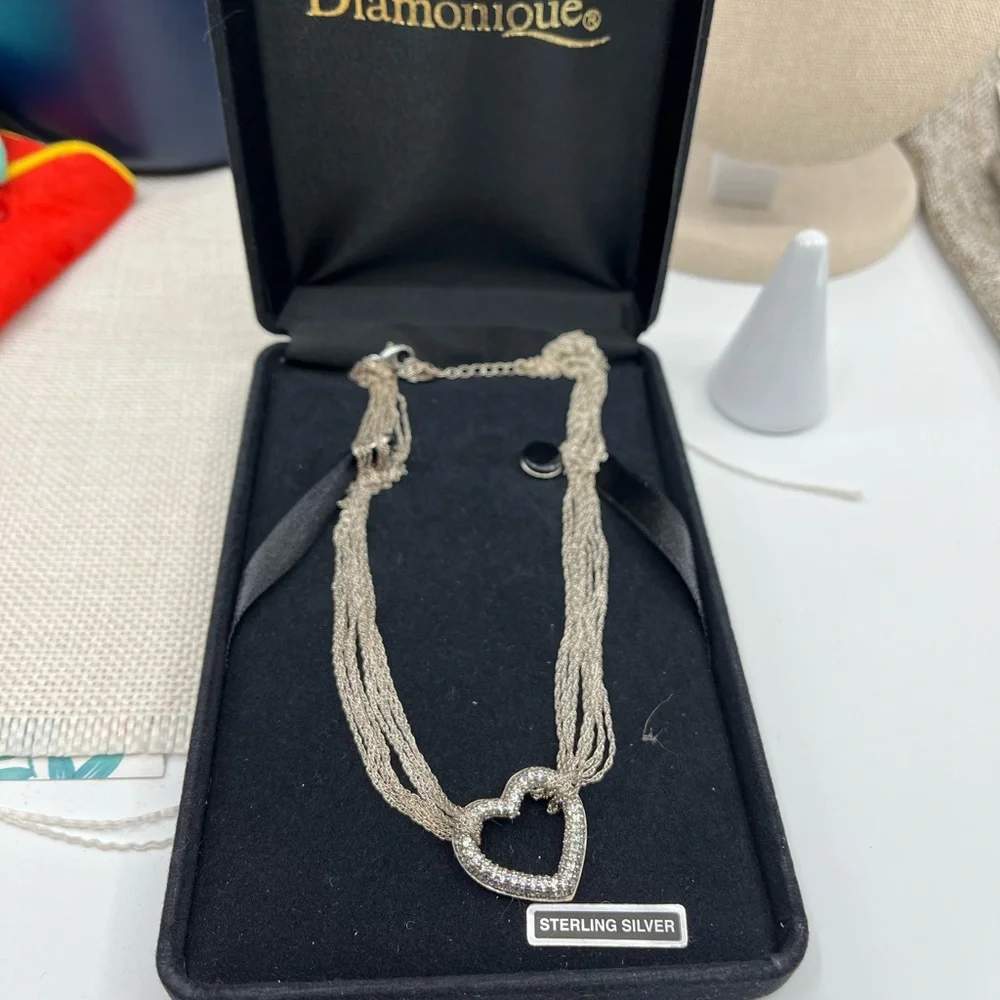 Vintage Diamonique Multi-Strand Necklace with Heart Pendant 16-18